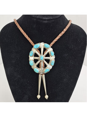 Vintage Navajo Sterling Silver Turquoise Bolo Tie 54g Southwestern Sandcast?